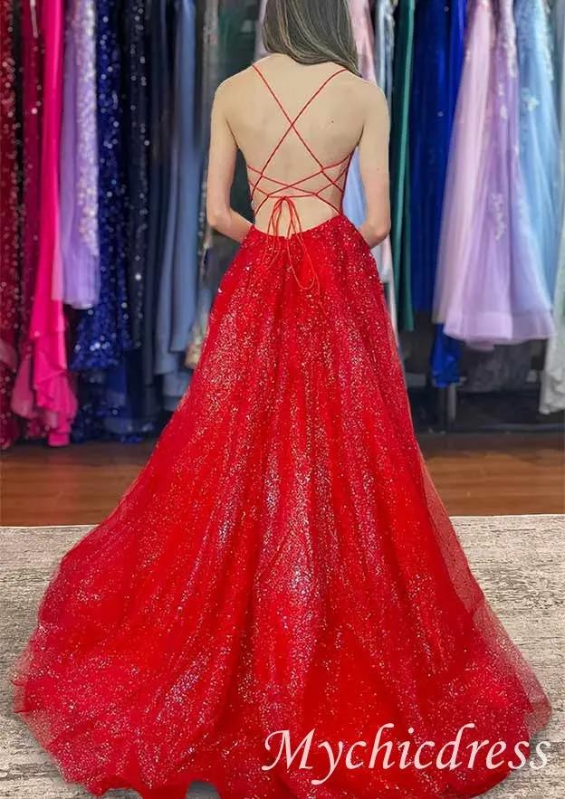 Red V Neck Lace Sequin Prom Dresses with split