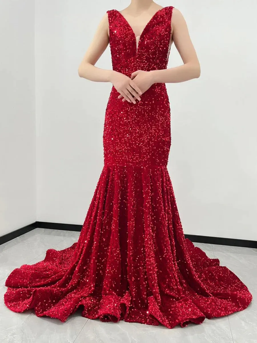 Red Velvet Sequin Prom Dresses Straps V Neck Mermaid Evening Dress