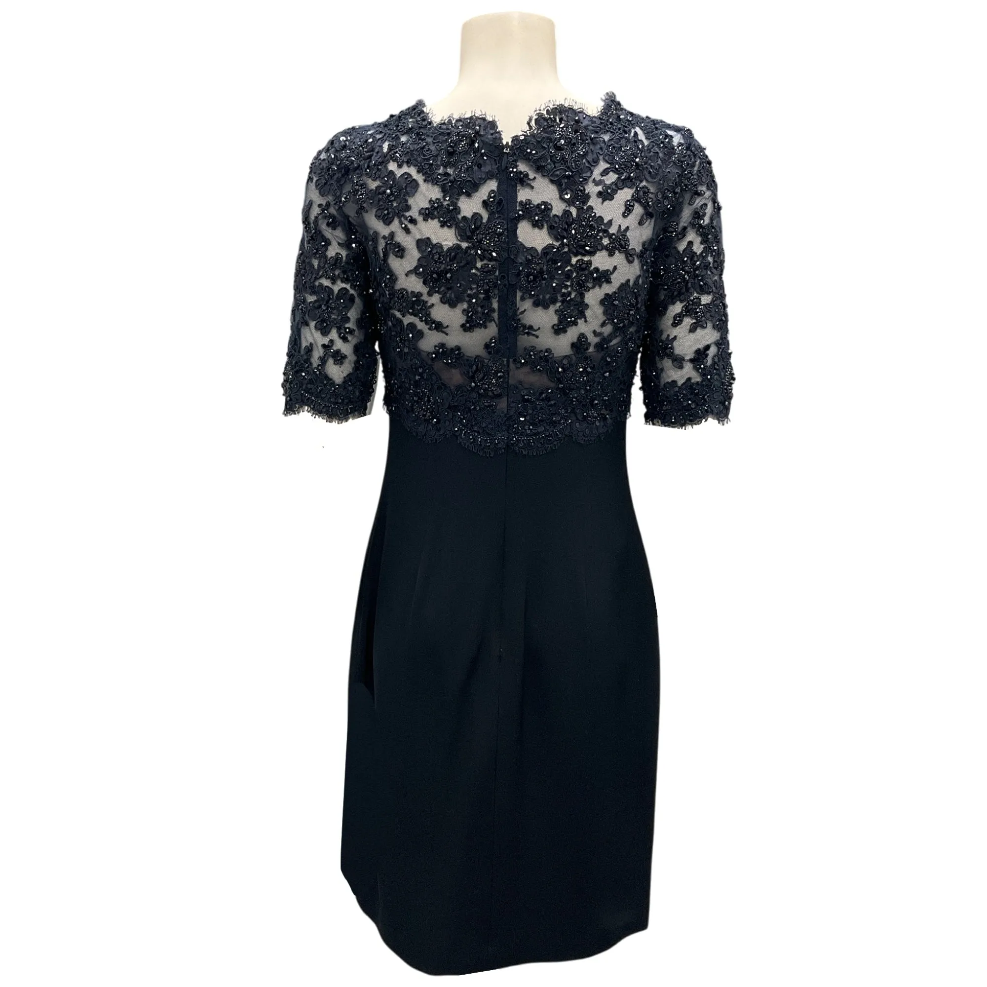 Reem Acra Navy Blue Sequin and Bead Embellished Tulle Lace and Silk Cocktail Dress