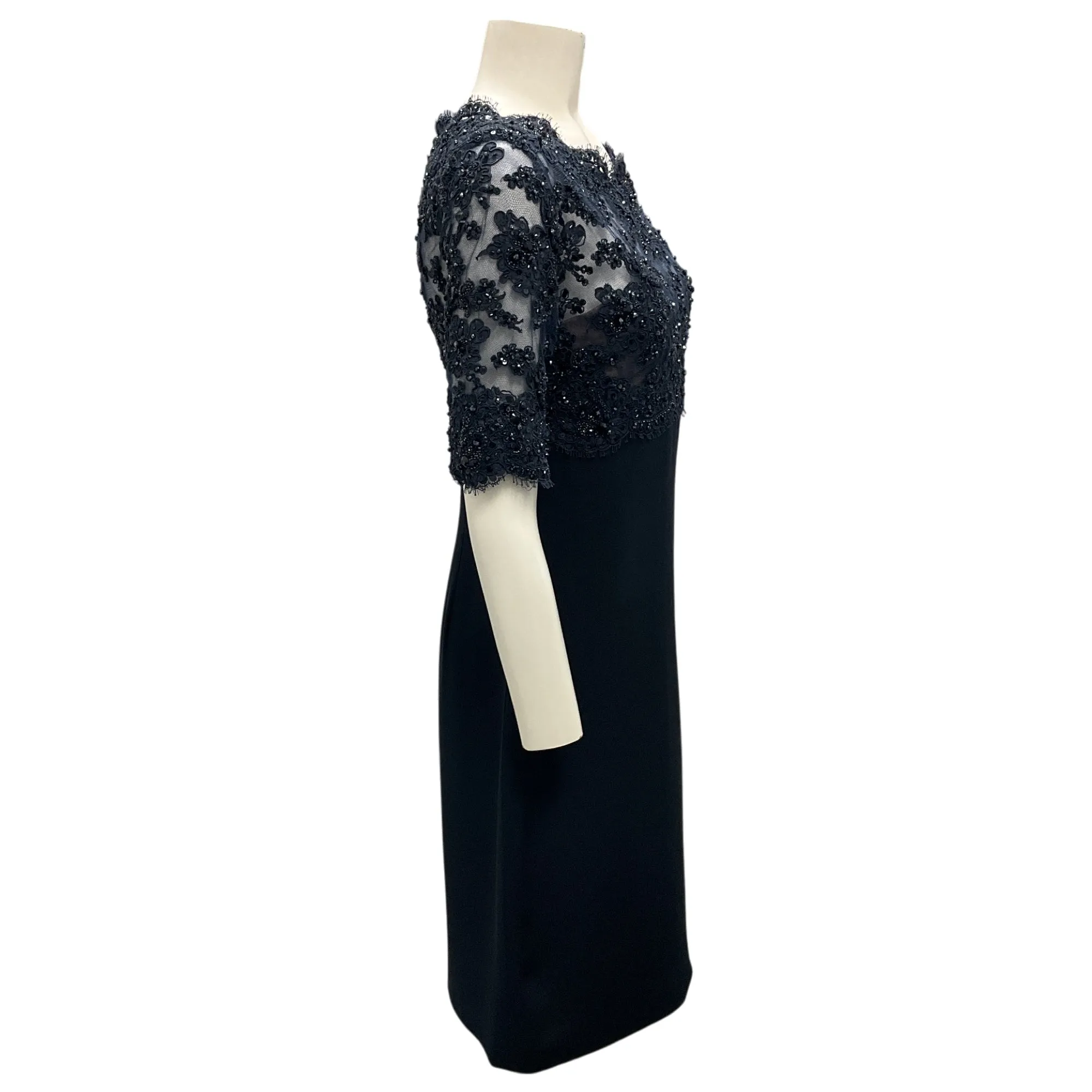 Reem Acra Navy Blue Sequin and Bead Embellished Tulle Lace and Silk Cocktail Dress