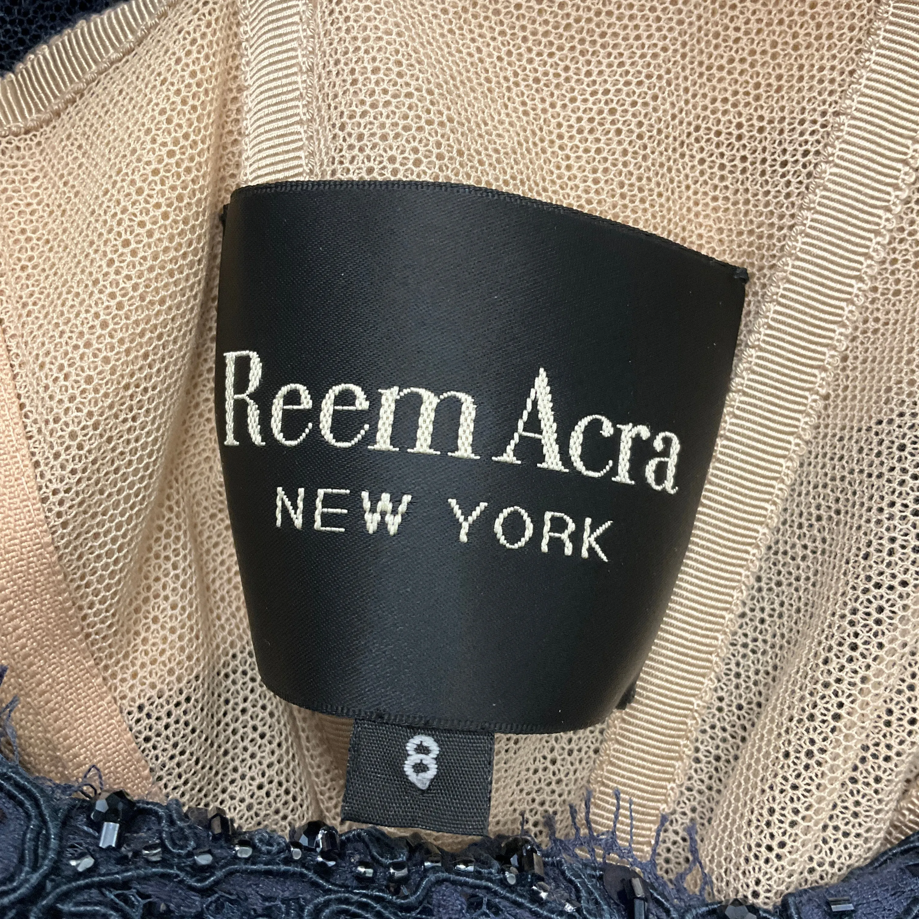 Reem Acra Navy Blue Sequin and Bead Embellished Tulle Lace and Silk Cocktail Dress