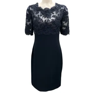 Reem Acra Navy Blue Sequin and Bead Embellished Tulle Lace and Silk Cocktail Dress