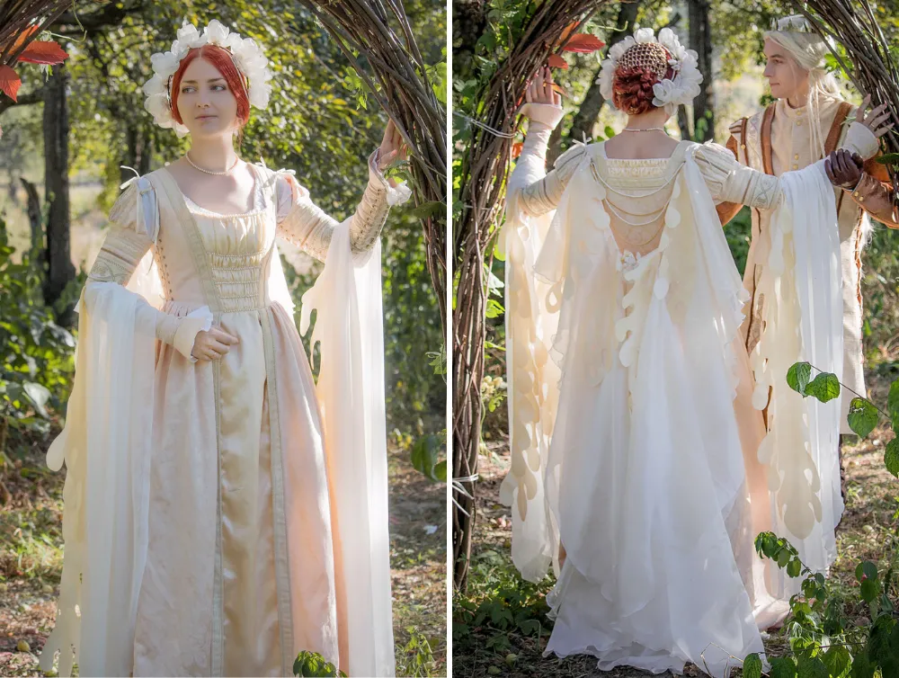 Renaissance fantasy elven taffeta white wedding dress
