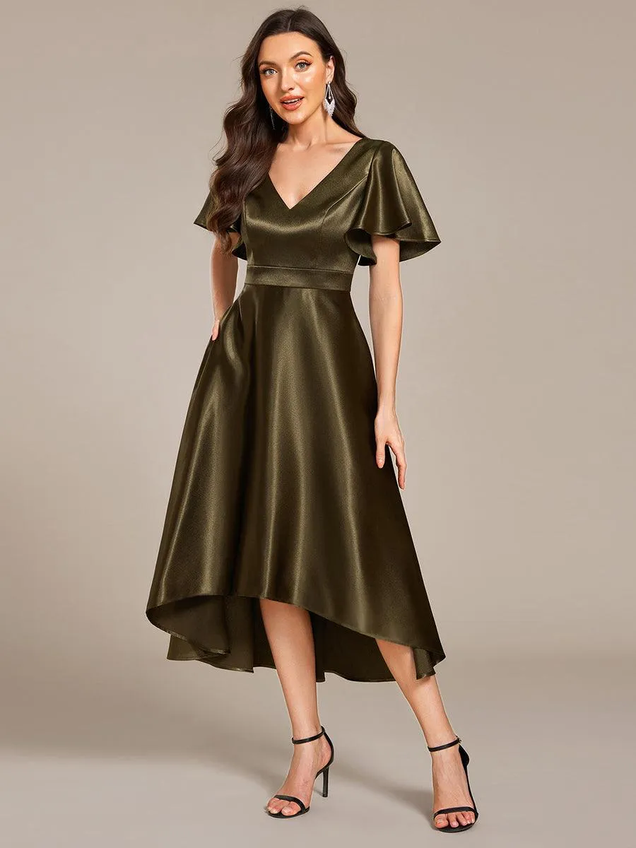 Robe d'invitée mi-longue en satin à ourlet haut-bas