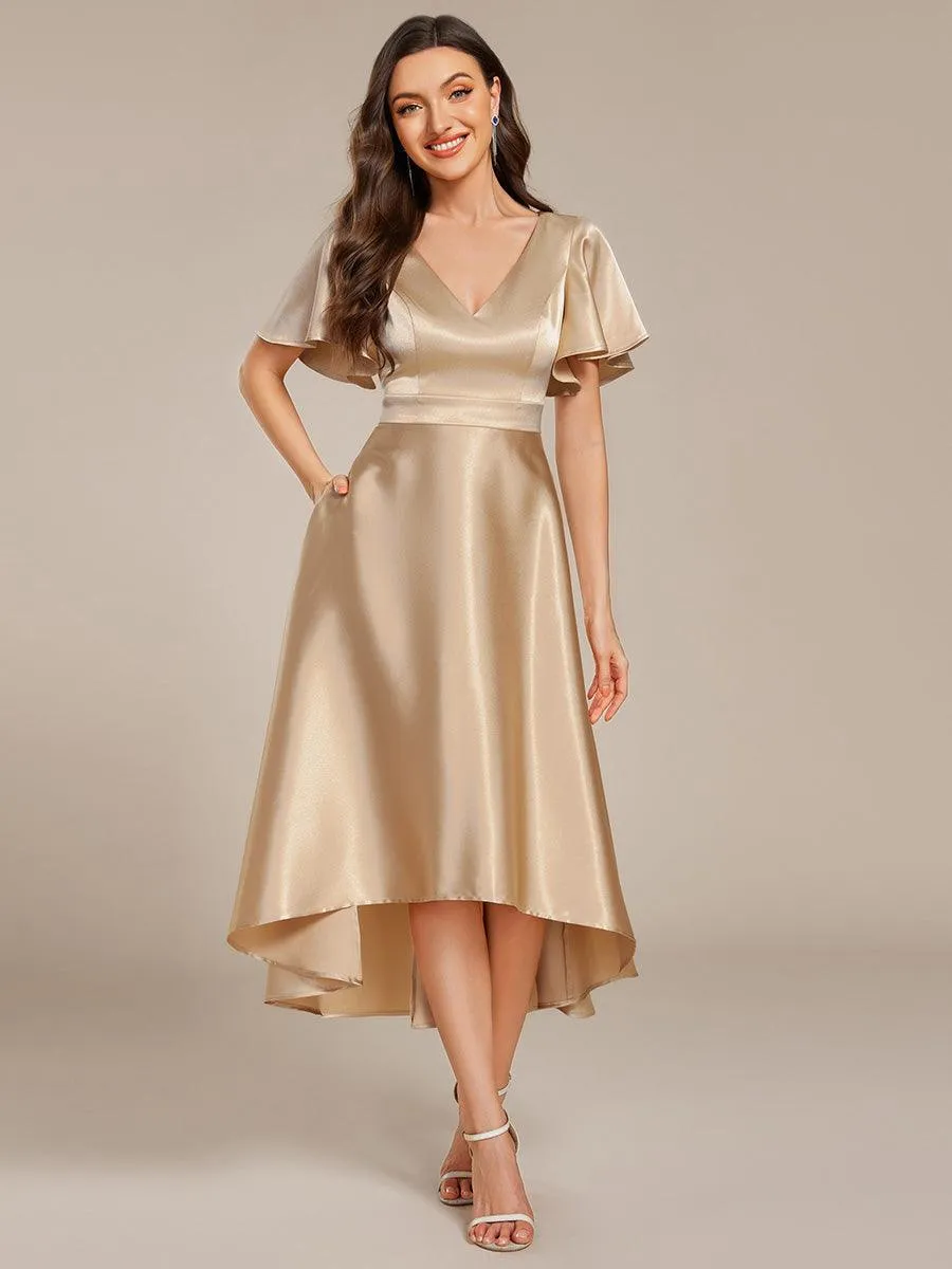 Robe d'invitée mi-longue en satin à ourlet haut-bas