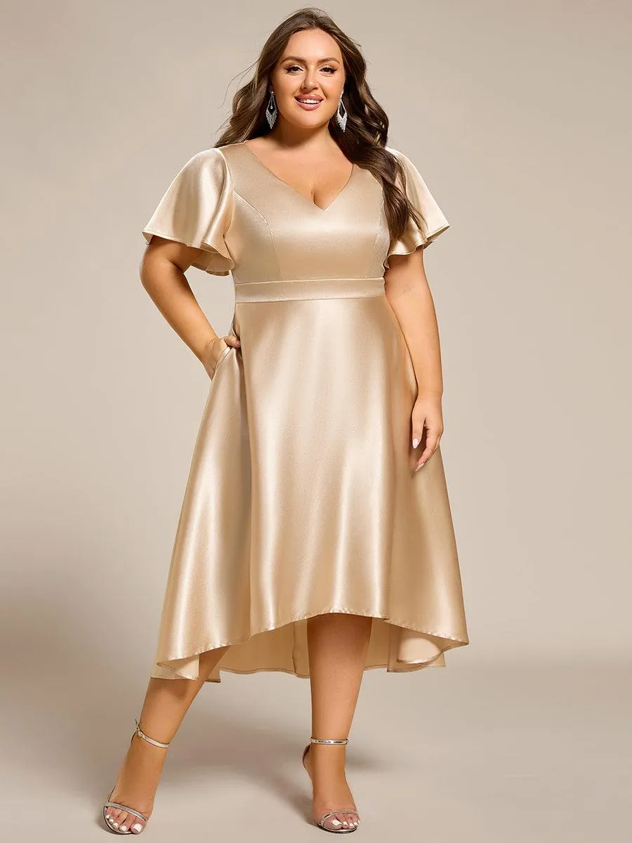 Robe d'invitée mi-longue en satin à ourlet haut-bas