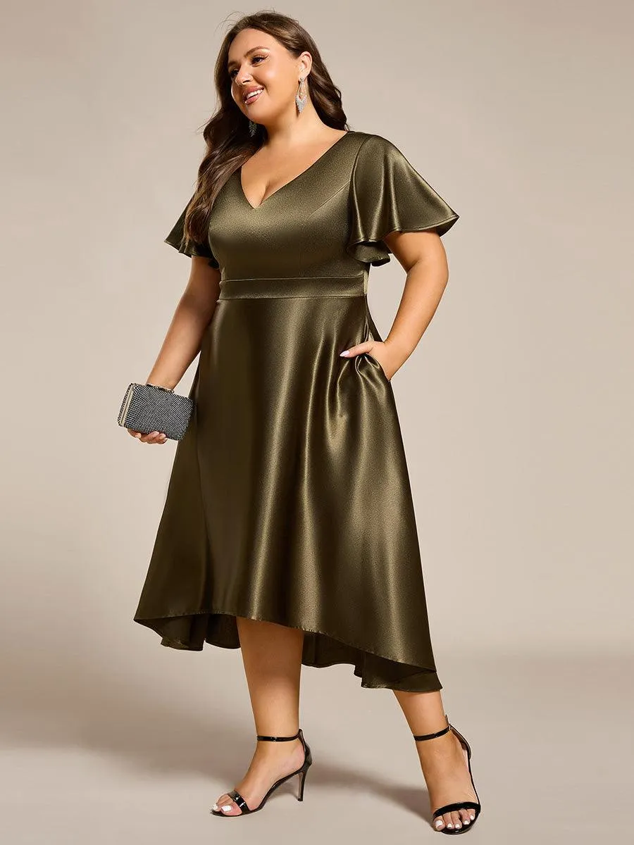 Robe d'invitée mi-longue en satin à ourlet haut-bas