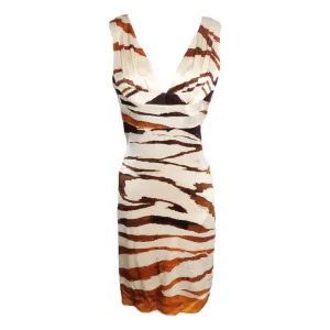 ROBERTO CAVALLI Tiger Print Silk Deep V-Neck Dress 42