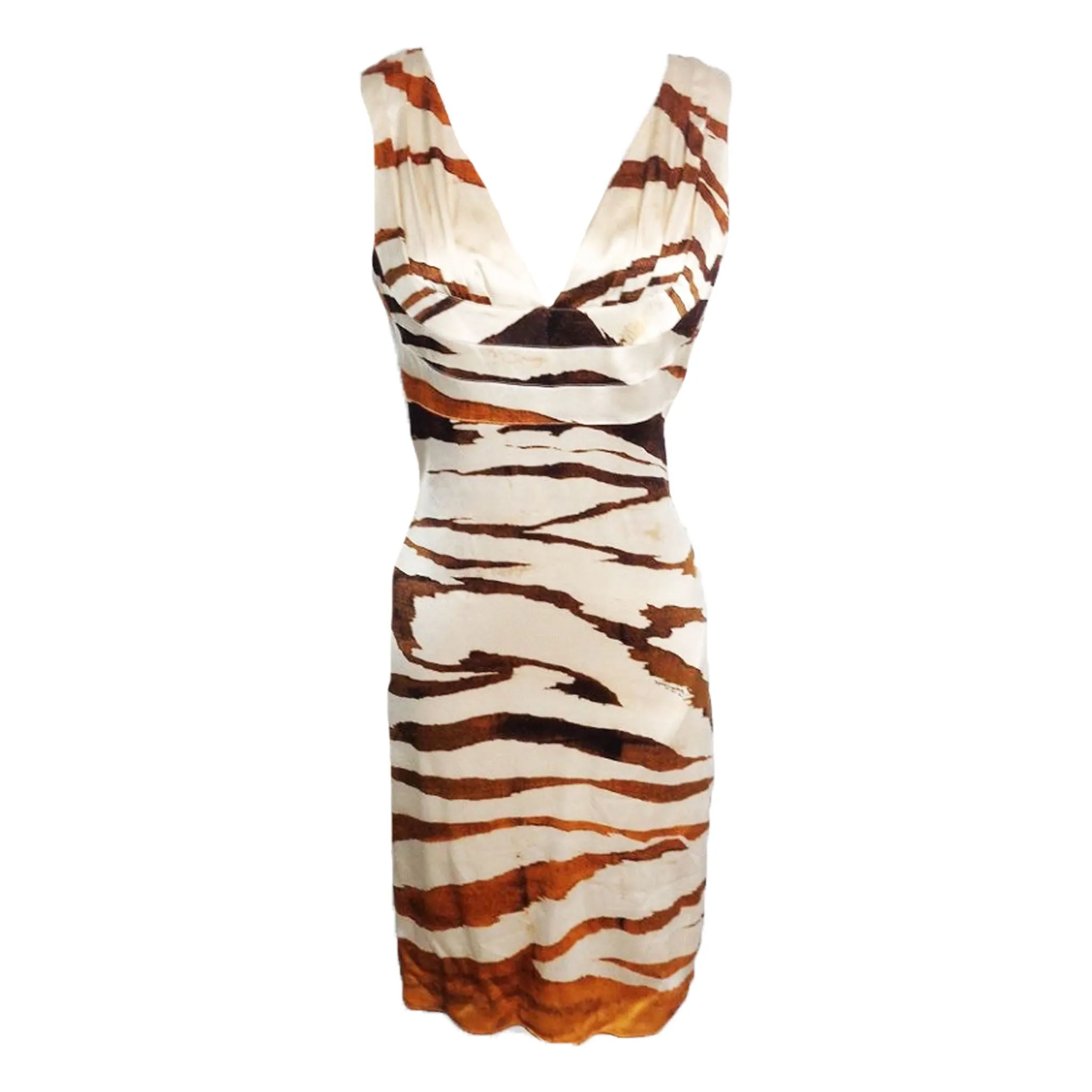 ROBERTO CAVALLI Tiger Print Silk Deep V-Neck Dress 42