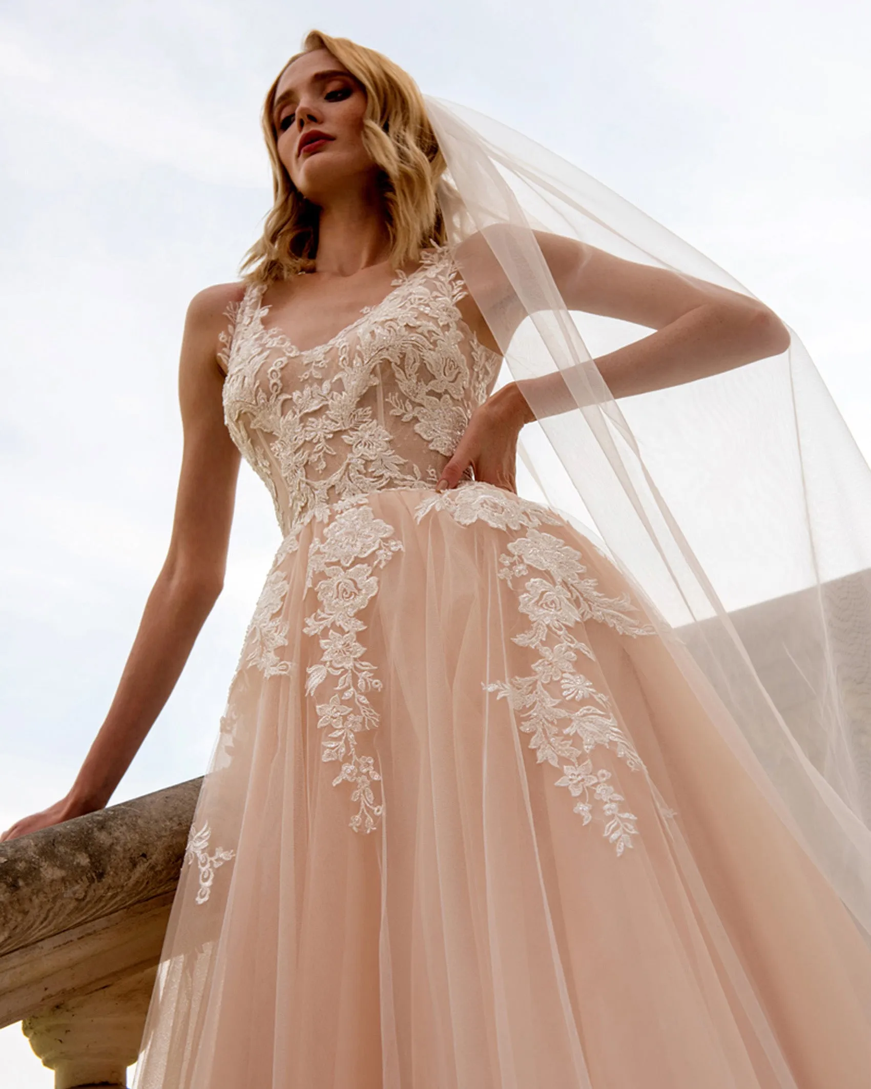 Romantic Lace Wedding Dresses Appliques  V-Neck Elegant A-line Champagne Tulle Bridal Gowns