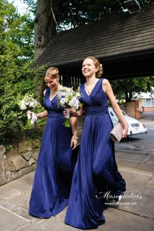 Royal Blue Chiffon A-line V-neck Long Pleated Bridesmaid Dresses, MBD278