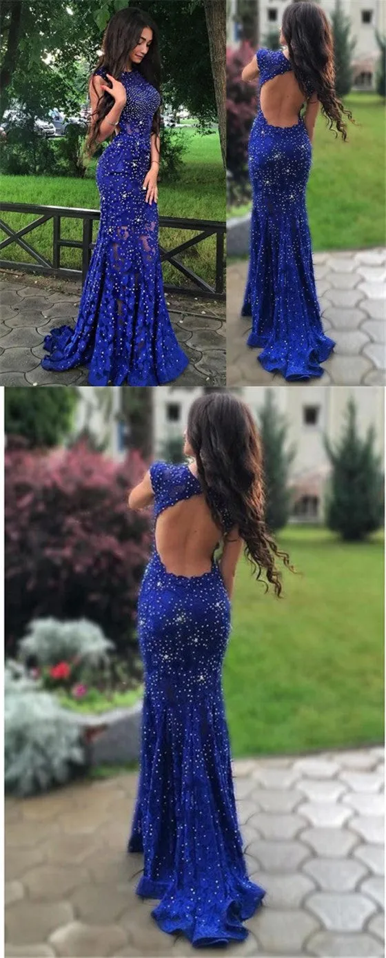 Royal Blue Lace Prom Dresses, Long Prom Dresses, Lace Formal Dresses,Open-back Beading Evening Dresses, TYP0056