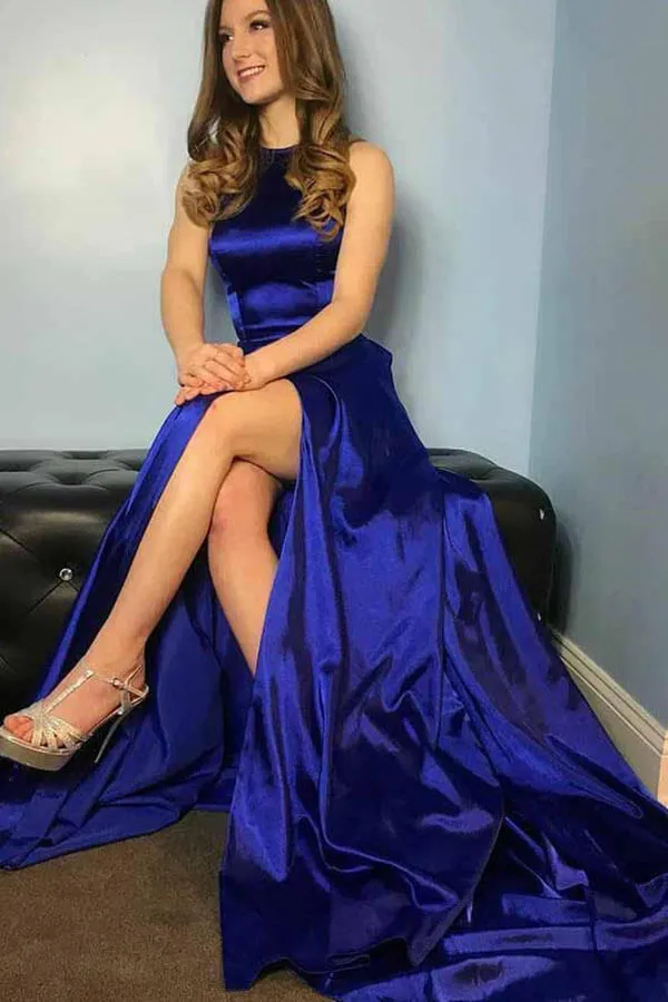 Royal Blue Satin A-line Round Neck Slit Simple Prom Dresses With Pockets, MP829