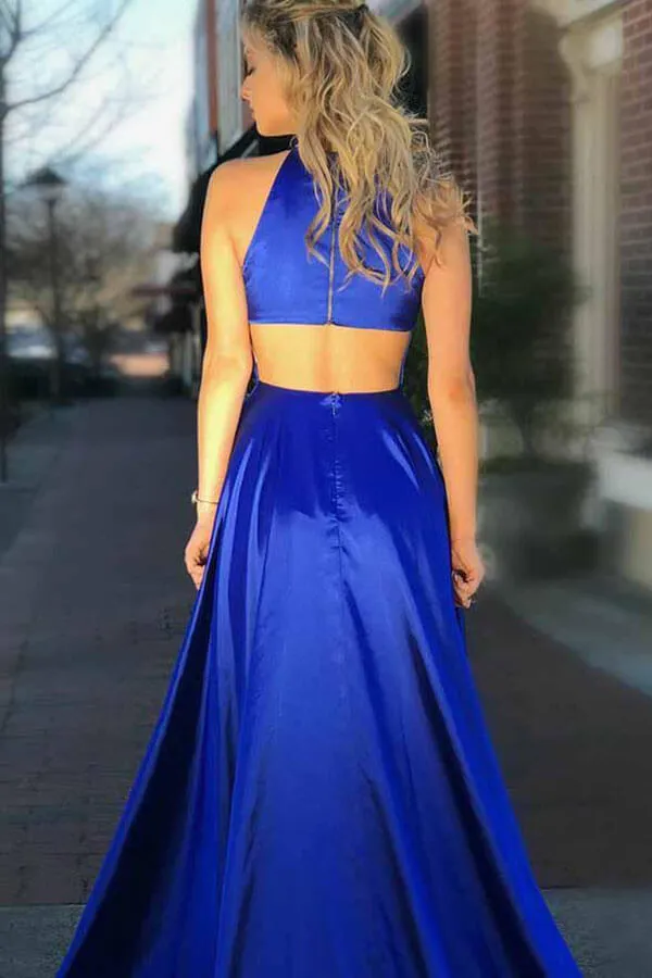Royal Blue Satin A-line Round Neck Slit Simple Prom Dresses With Pockets, MP829