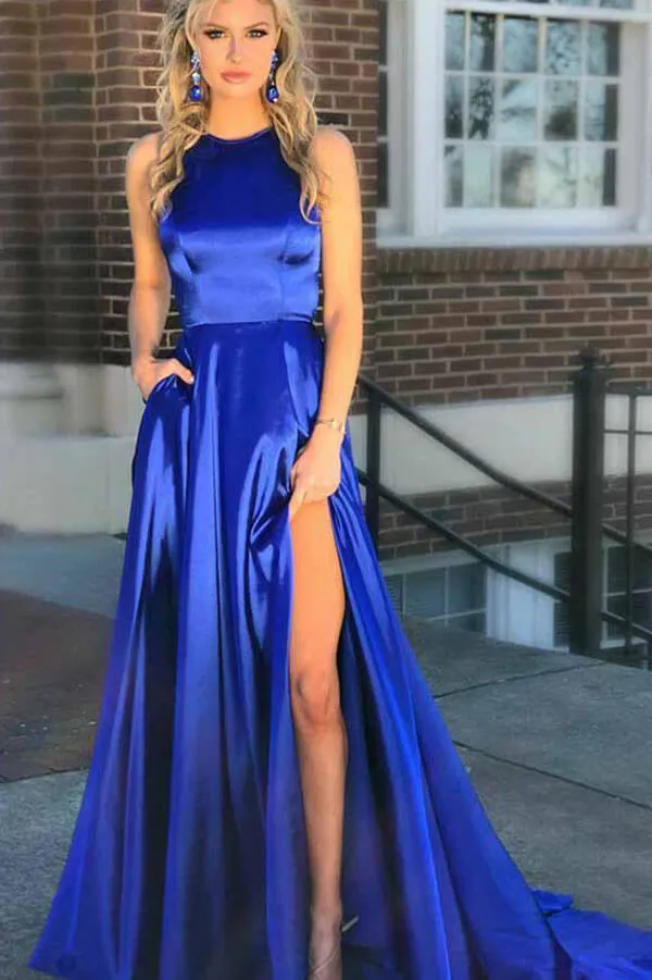 Royal Blue Satin A-line Round Neck Slit Simple Prom Dresses With Pockets, MP829
