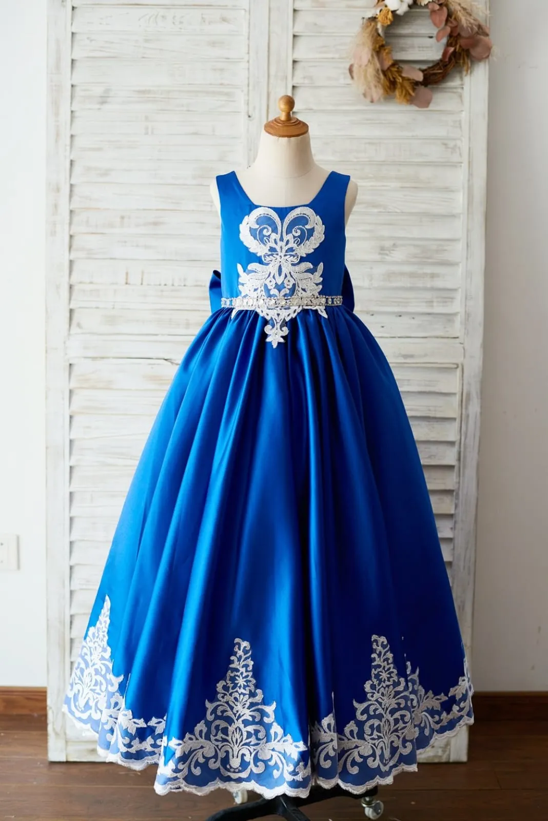 Royal Blue Satin Square Neck Wedding Party Flower Girl Dress, Lace Trim