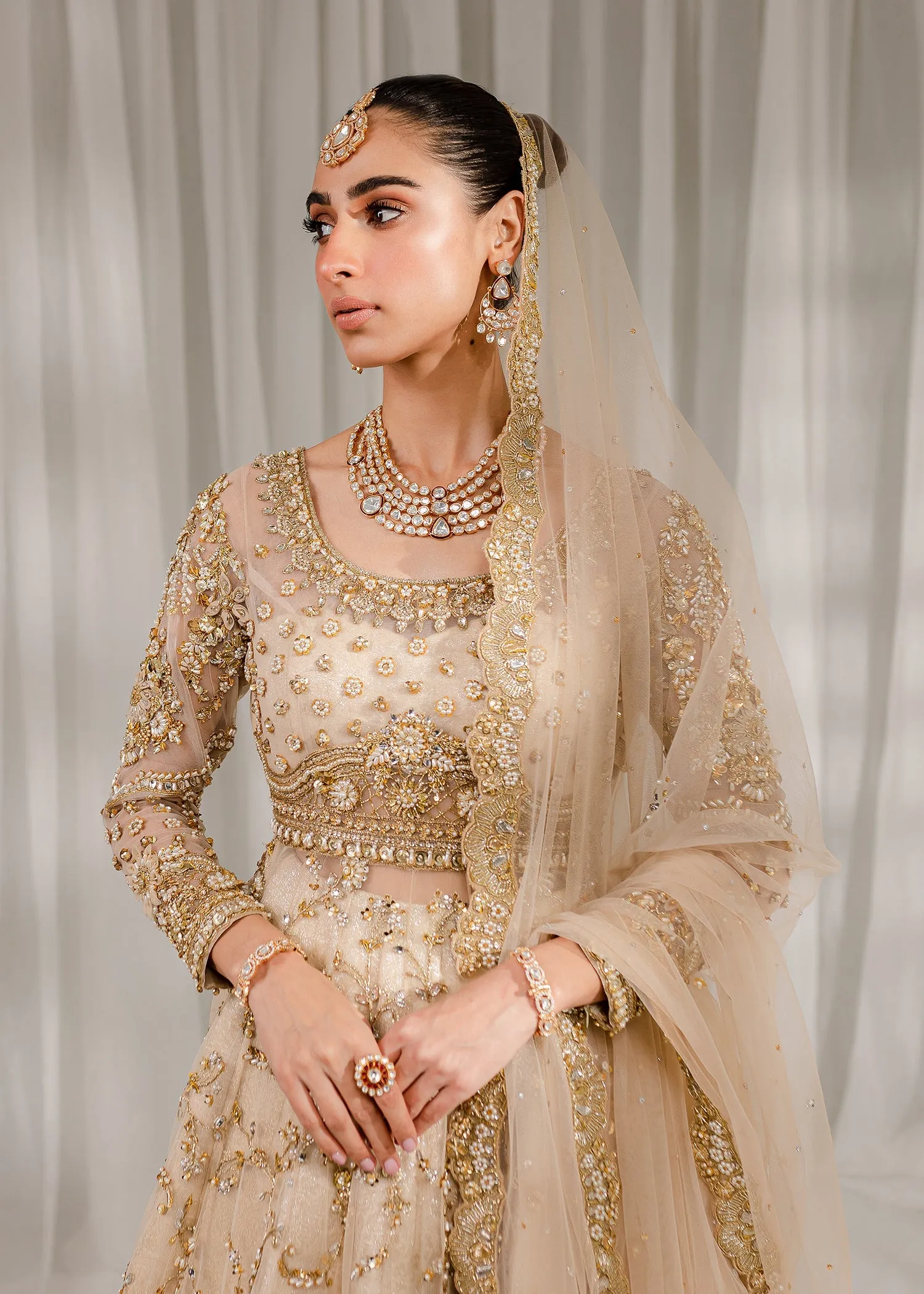 Royal Ivory Gold Embroidered Pakistani Bridal Dress Pishwas Lehenga