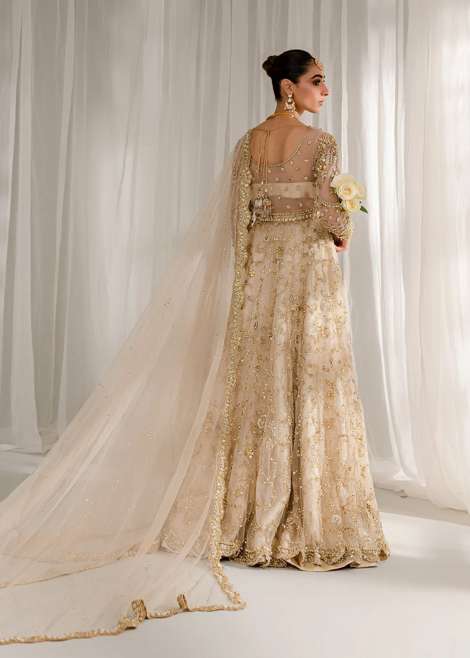 Royal Ivory Gold Embroidered Pakistani Bridal Dress Pishwas Lehenga