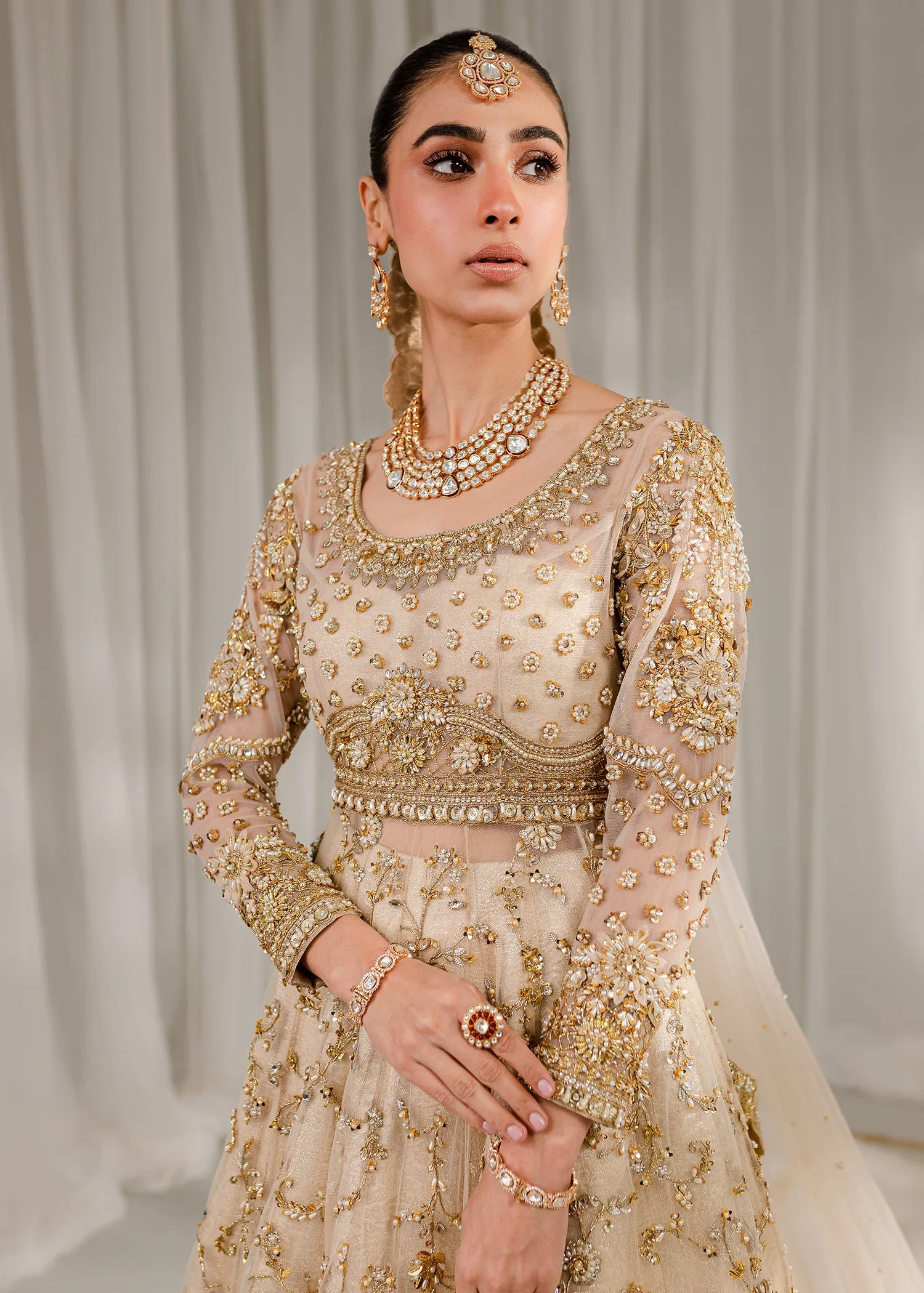 Royal Ivory Gold Embroidered Pakistani Bridal Dress Pishwas Lehenga