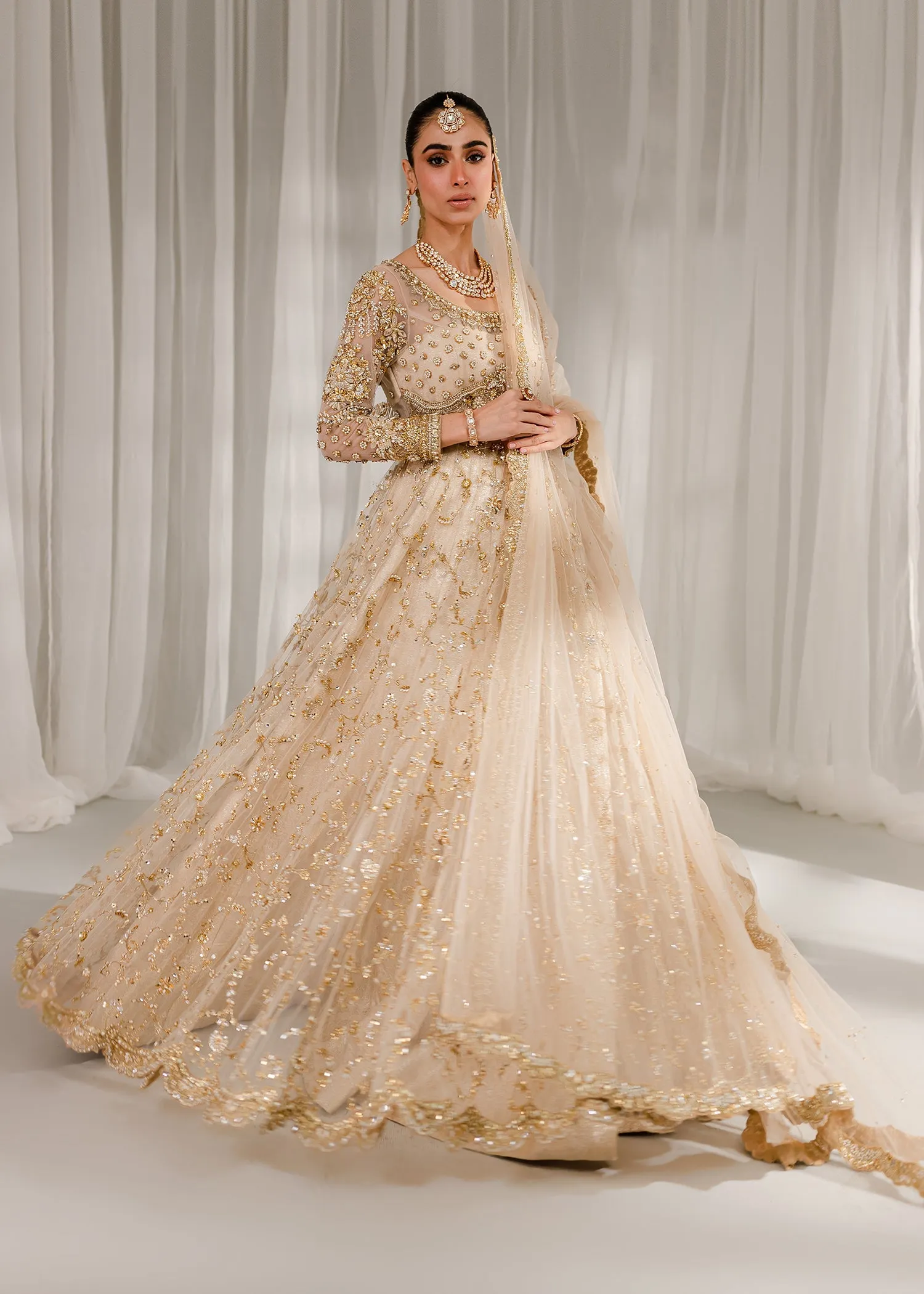 Royal Ivory Gold Embroidered Pakistani Bridal Dress Pishwas Lehenga