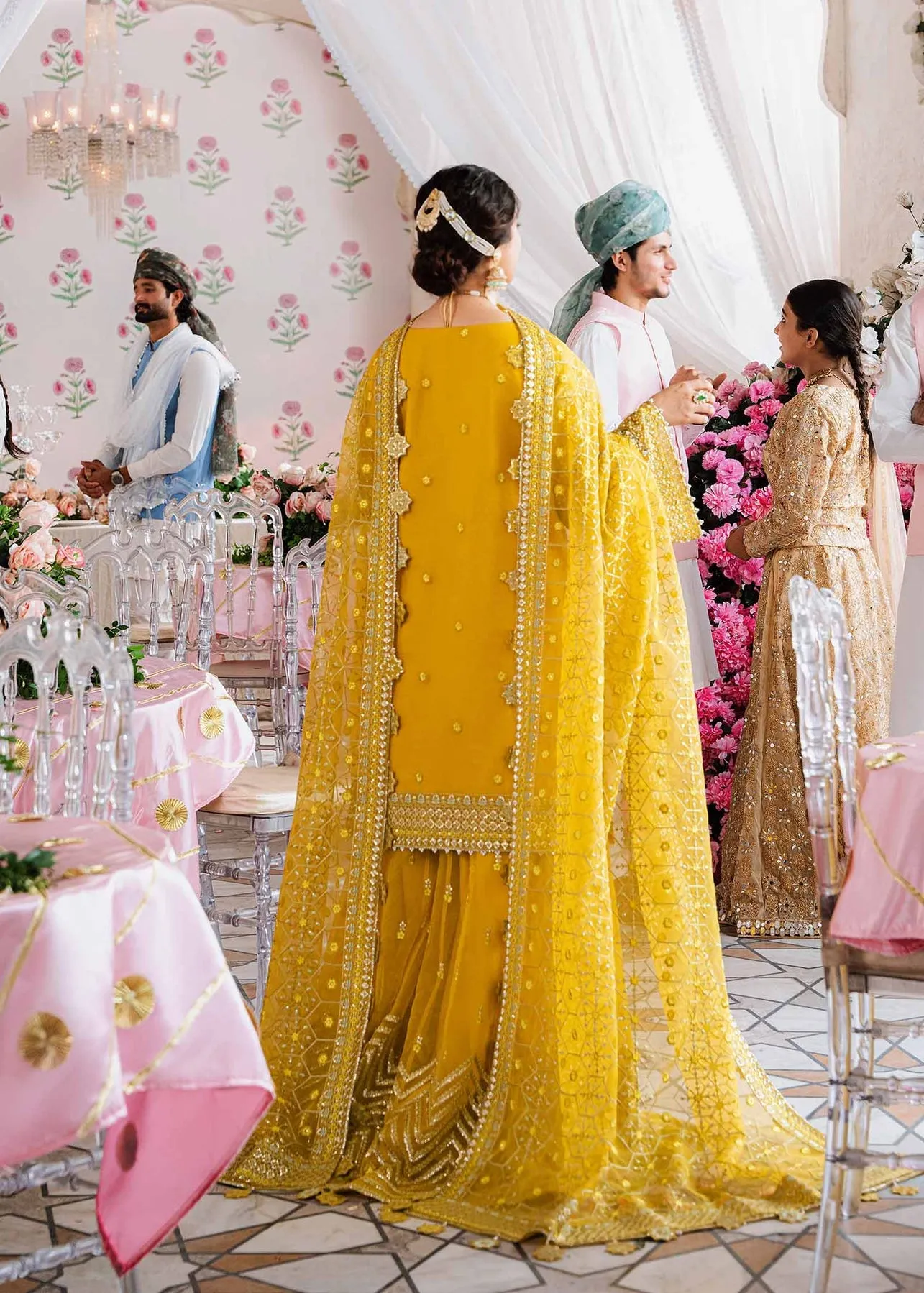 Royal Mustard Gold Embroidered Pakistani Sharara Kameez Wedding Wear