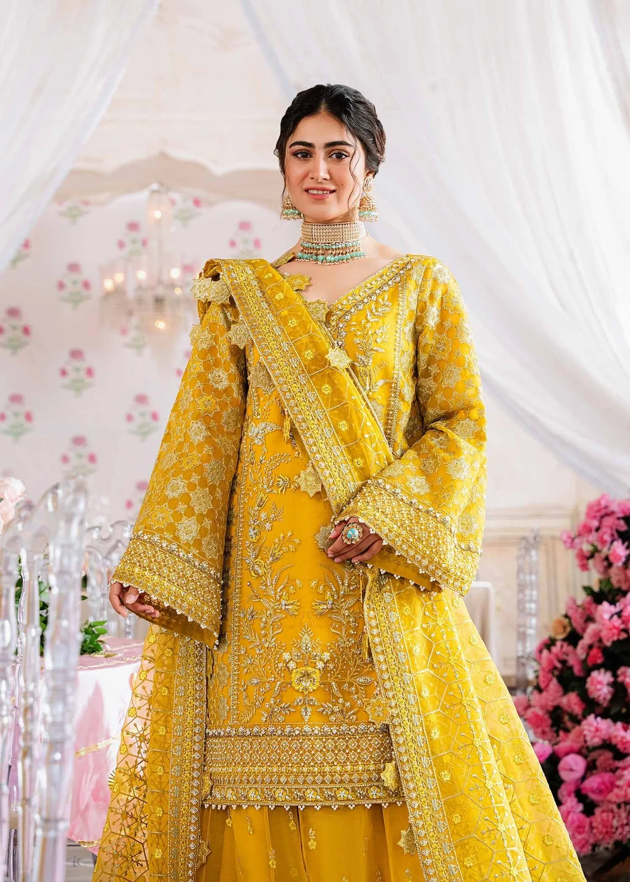 Royal Mustard Gold Embroidered Pakistani Sharara Kameez Wedding Wear