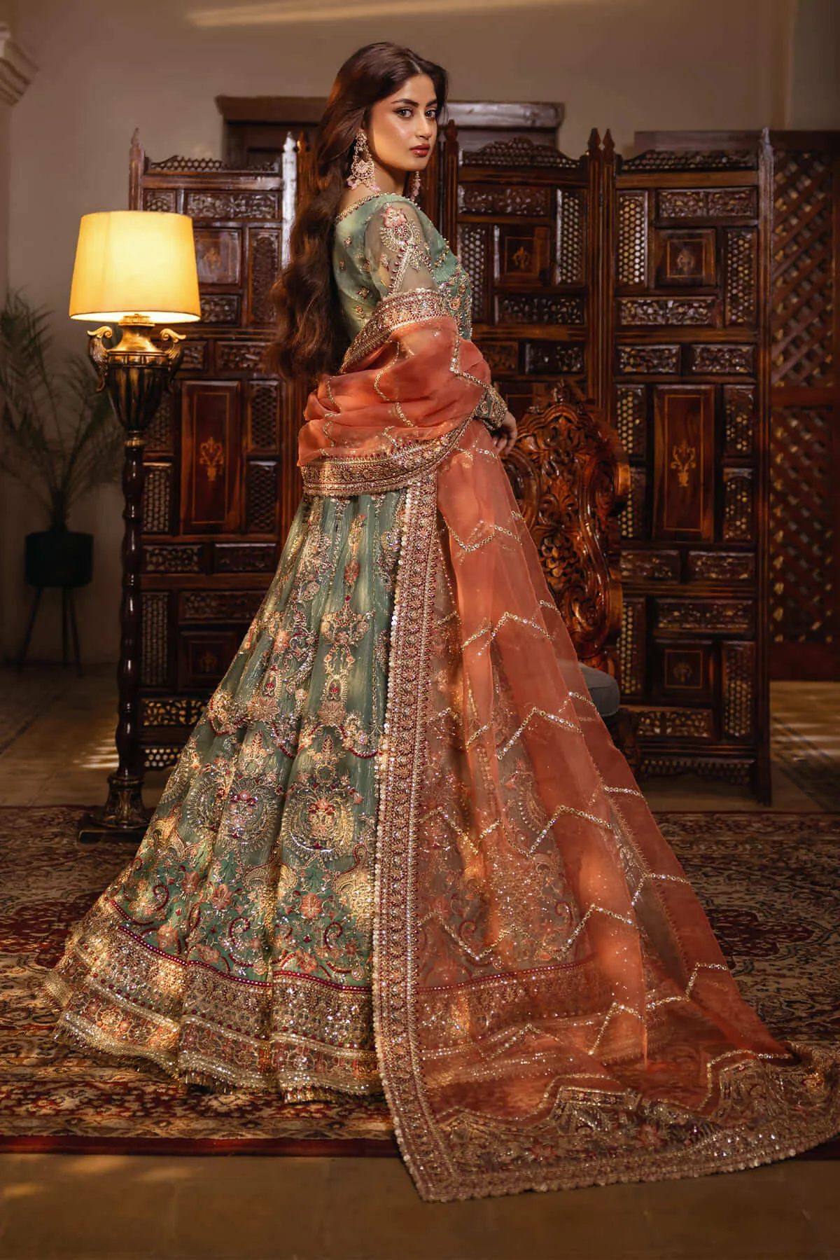 Royal Sea Green Heavily Embellished Pakistani Wedding Dress Lehenga Choli