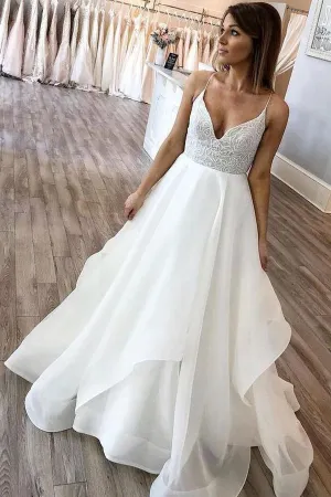 Roycebridal Ball Gown V-neck Spaghetti Straps Ivory Wedding Dresses,Lace Wedding Dresses,MW475