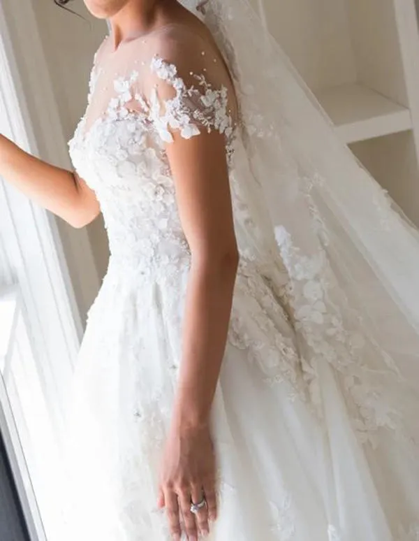 Roycebridal Beautiful White Lace A-line Illusion Neck Wedding Dresses, Bridal Gown, MW563