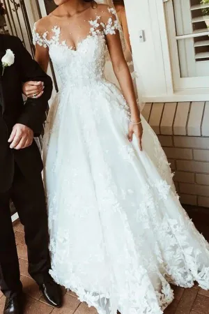 Roycebridal Beautiful White Lace A-line Illusion Neck Wedding Dresses, Bridal Gown, MW563