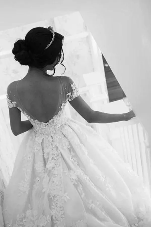 Roycebridal Beautiful White Lace A-line Illusion Neck Wedding Dresses, Bridal Gown, MW563