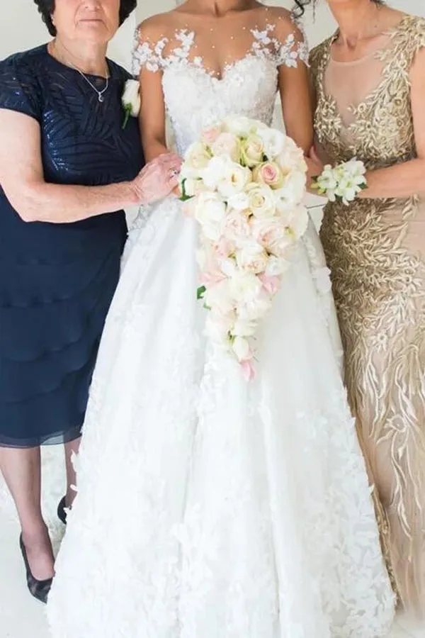 Roycebridal Beautiful White Lace A-line Illusion Neck Wedding Dresses, Bridal Gown, MW563