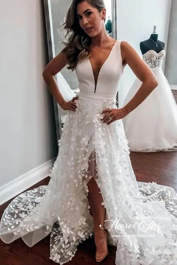 Roycebridal Boho Satin A-line V-neck 3D Flowers Wedding Dresses With High Slit, MW961