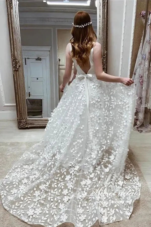 Roycebridal Boho Satin A-line V-neck 3D Flowers Wedding Dresses With High Slit, MW961