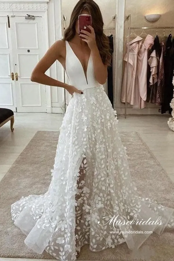 Roycebridal Boho Satin A-line V-neck 3D Flowers Wedding Dresses With High Slit, MW961