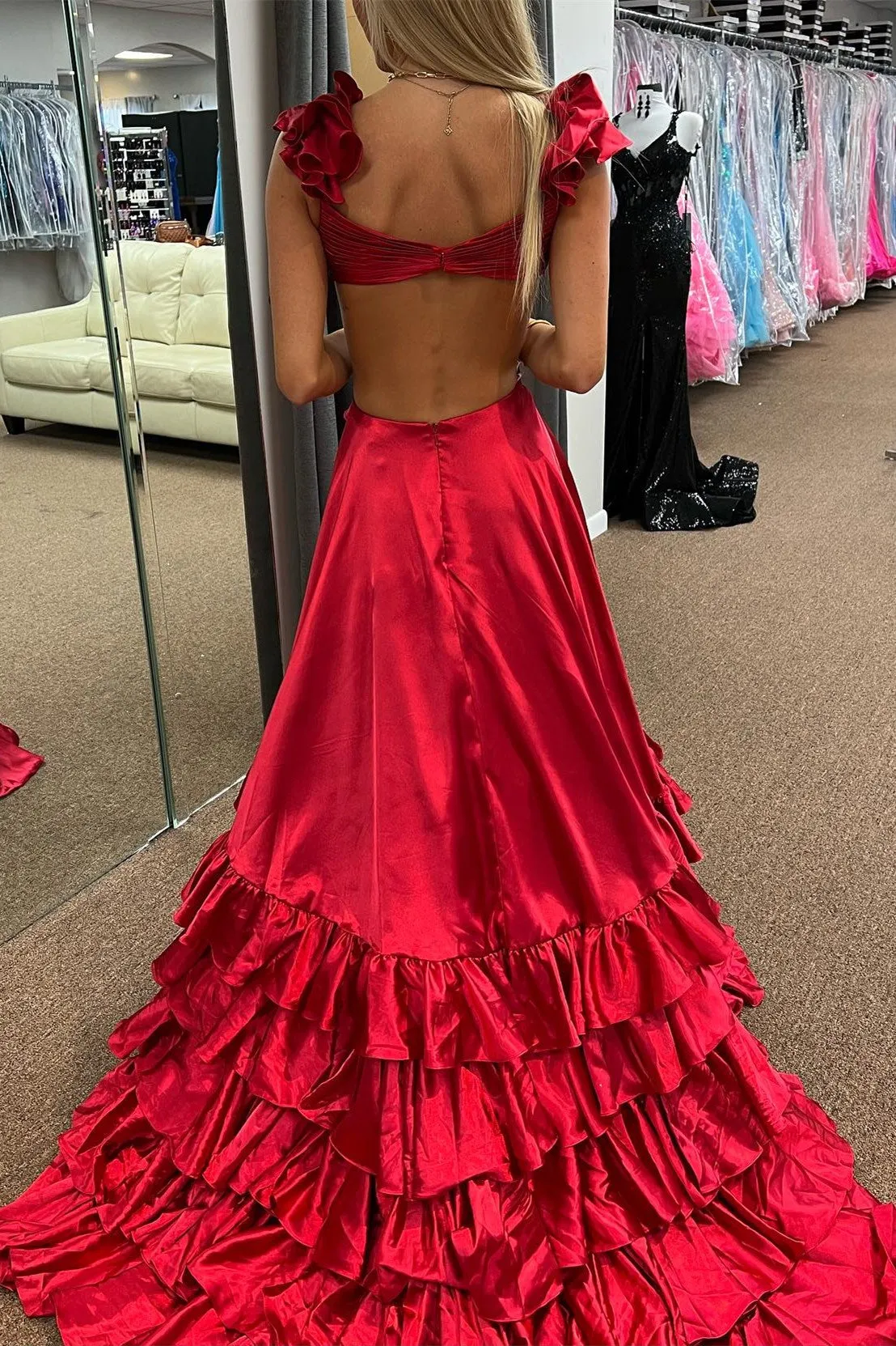 Roycebridal Brittany | Red Cutout Ruffle A-Line Long Prom Dress with Slit