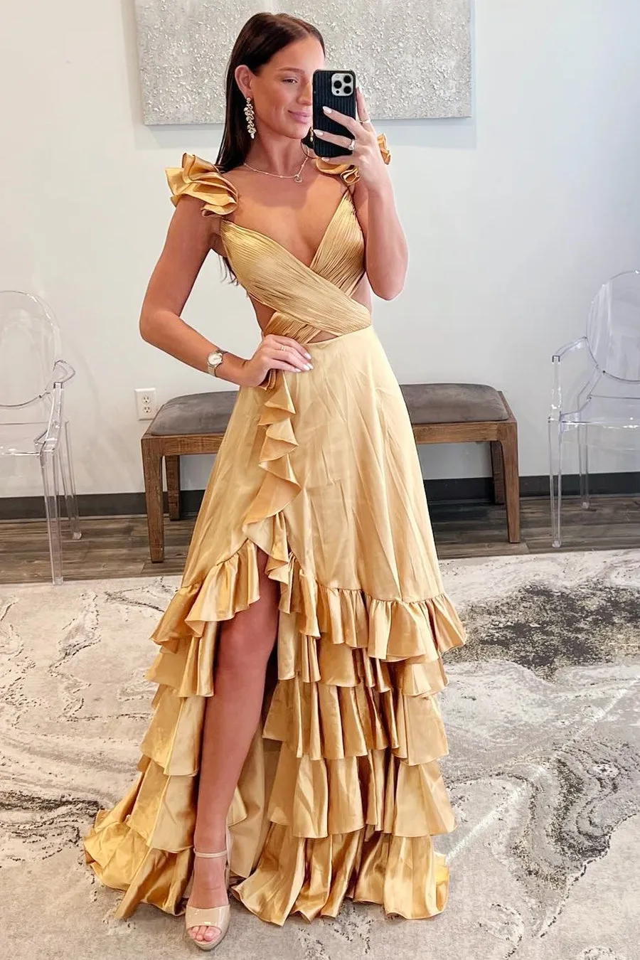 Roycebridal Brittany | Red Cutout Ruffle A-Line Long Prom Dress with Slit