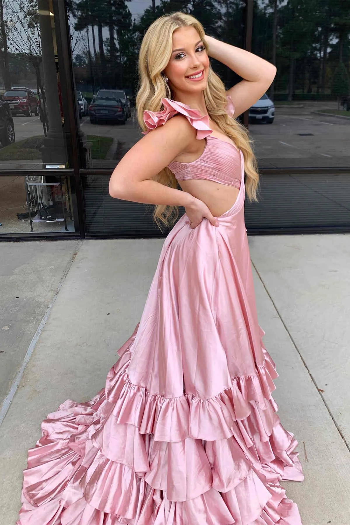 Roycebridal Brittany | Red Cutout Ruffle A-Line Long Prom Dress with Slit