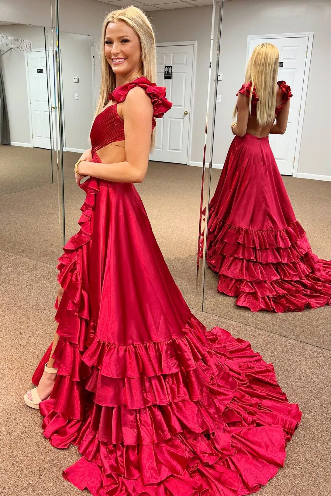 Roycebridal Brittany | Red Cutout Ruffle A-Line Long Prom Dress with Slit