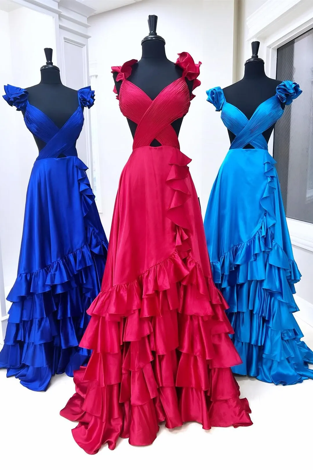 Roycebridal Brittany | Red Cutout Ruffle A-Line Long Prom Dress with Slit