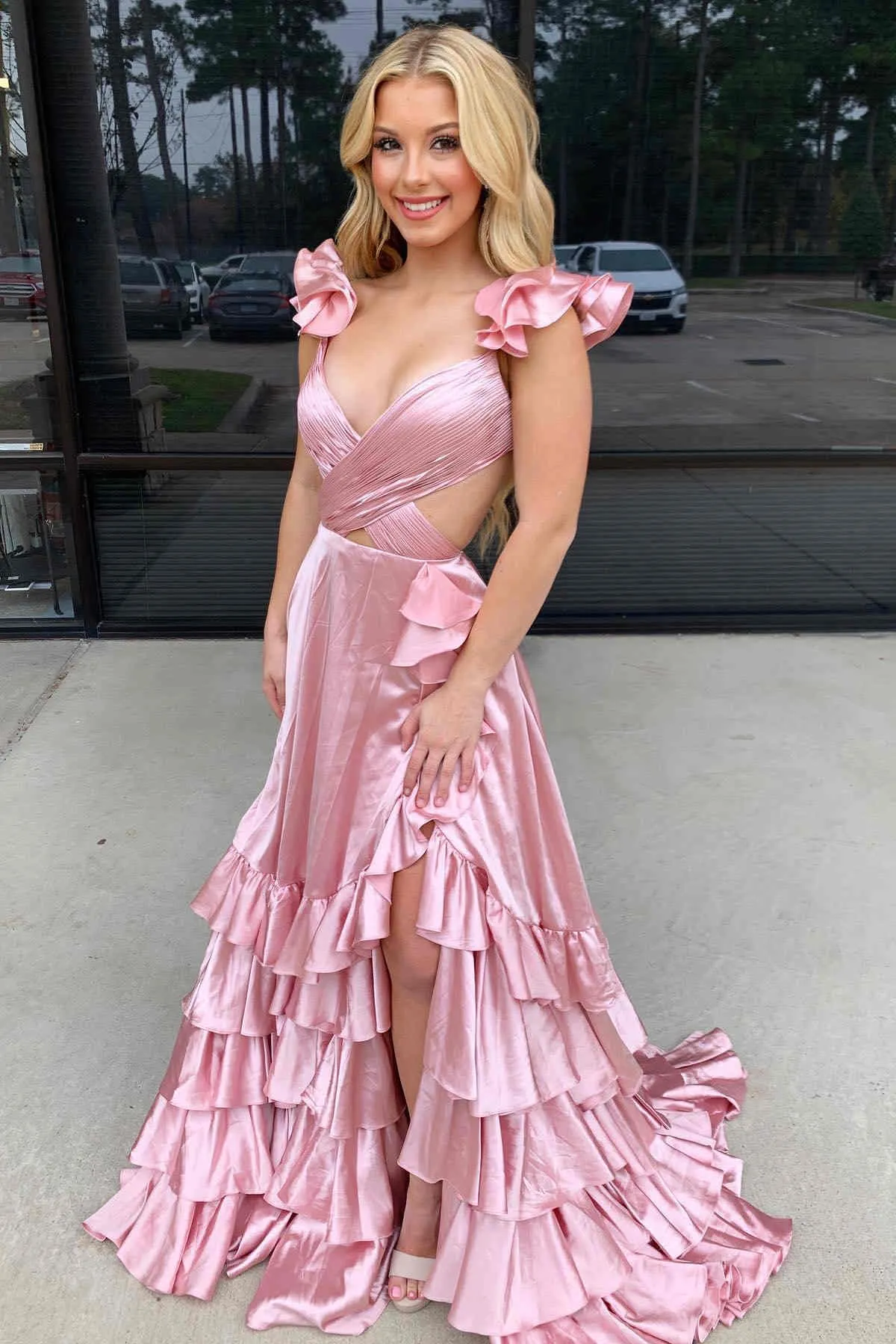 Roycebridal Brittany | Red Cutout Ruffle A-Line Long Prom Dress with Slit
