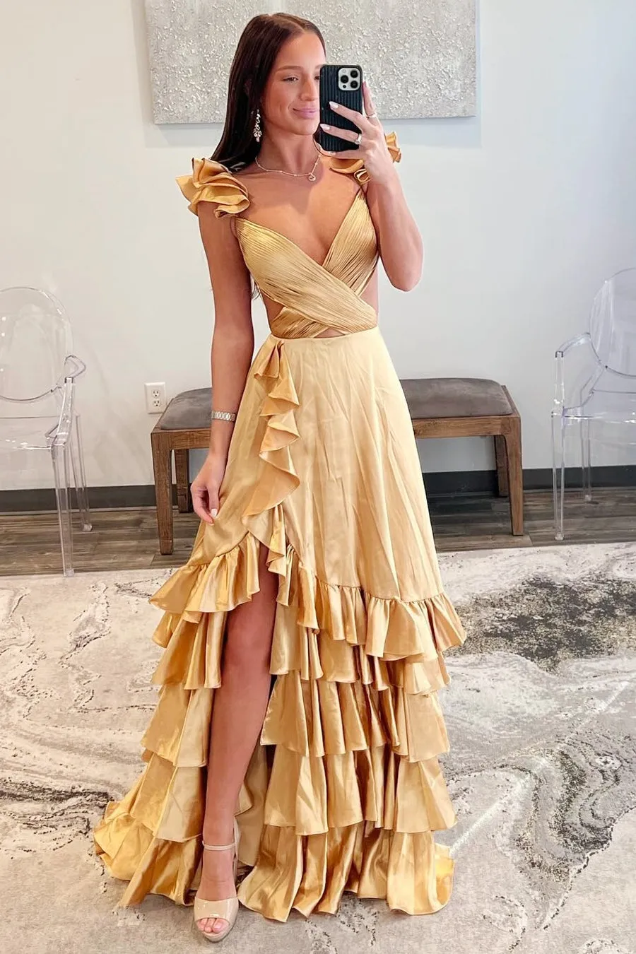 Roycebridal Brittany | Red Cutout Ruffle A-Line Long Prom Dress with Slit