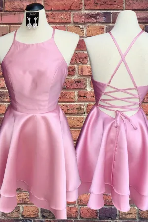 Roycebridal Candy Pink Spaghetti Straps Sleeveless Stain Short Prom Dresses, Homecoming Dresses