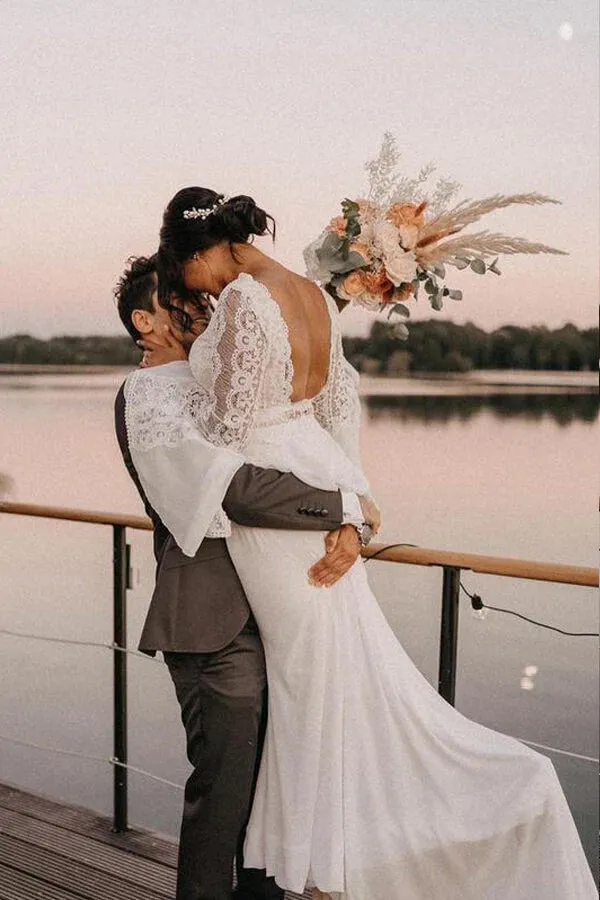 Roycebridal Chiffon A-line V-neck Backless Lace Wedding Dresses, Bridal Gowns, MW845
