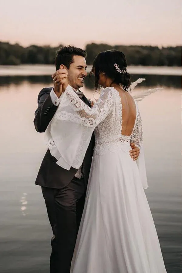 Roycebridal Chiffon A-line V-neck Backless Lace Wedding Dresses, Bridal Gowns, MW845