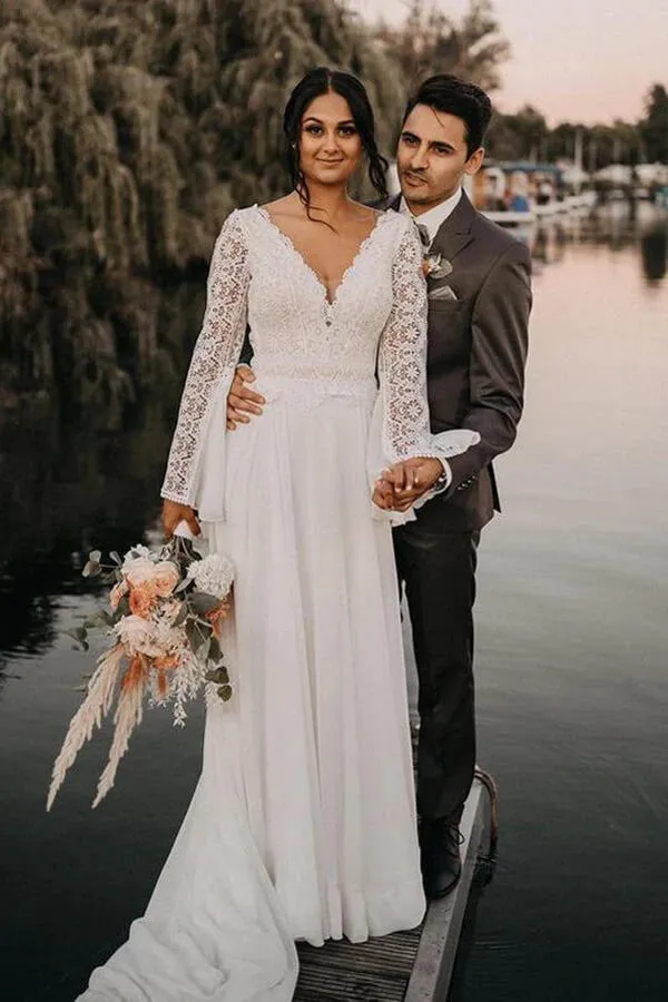 Roycebridal Chiffon A-line V-neck Backless Lace Wedding Dresses, Bridal Gowns, MW845