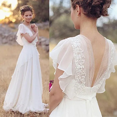 Roycebridal Elegant A-Line Ivory Flower Cap Sleeve V-Neck Chiffon Open Back Wedding Dresses,MW345
