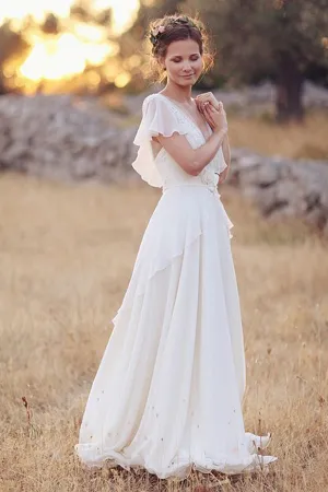 Roycebridal Elegant A-Line Ivory Flower Cap Sleeve V-Neck Chiffon Open Back Wedding Dresses,MW345