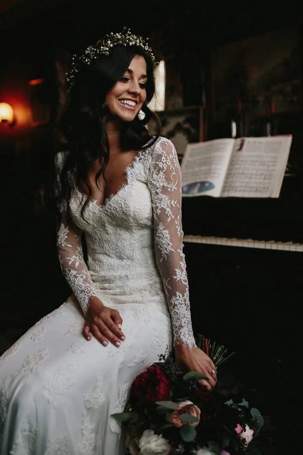 Roycebridal Gorgeous Mermaid V-neck Open Back Lace Long Sleeves Wedding Dresses with Train,MW472