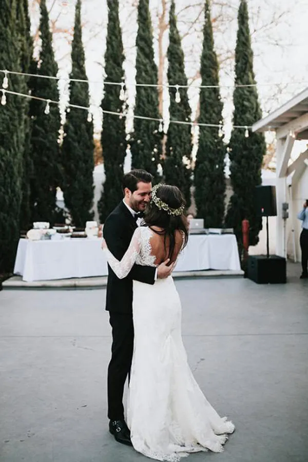 Roycebridal Gorgeous Mermaid V-neck Open Back Lace Long Sleeves Wedding Dresses with Train,MW472